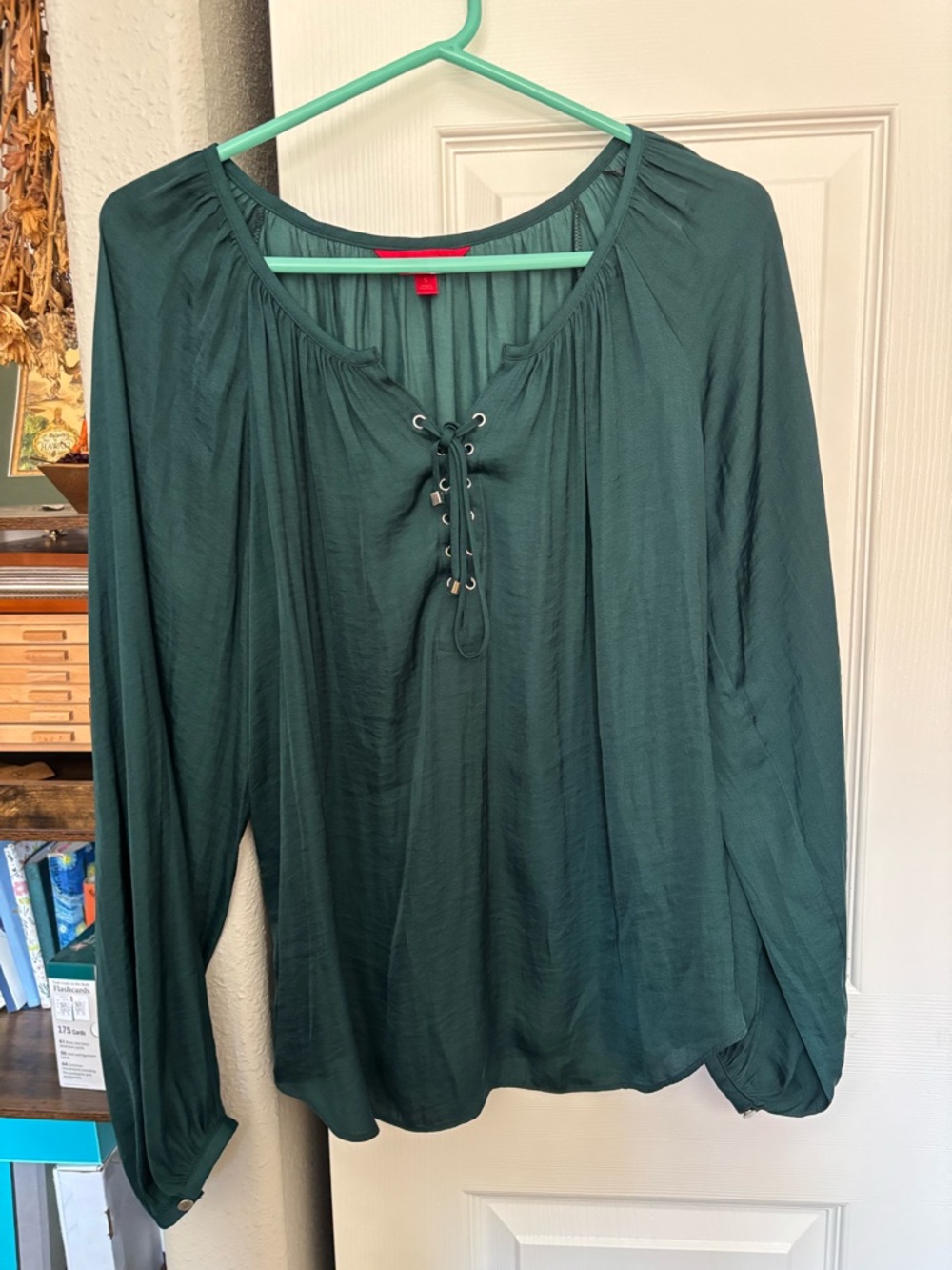 Jennifer Lopez Forest Green Lace-Up Peasant Blouse